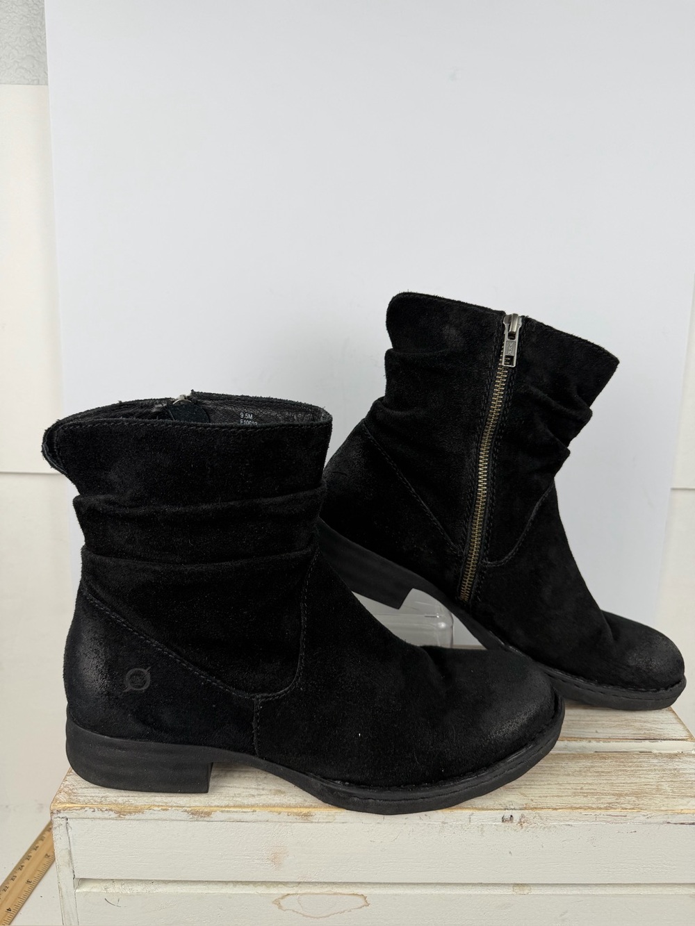 Born black suede ankle boots Kamilah style ruched detailing size 9.5 Side zipper